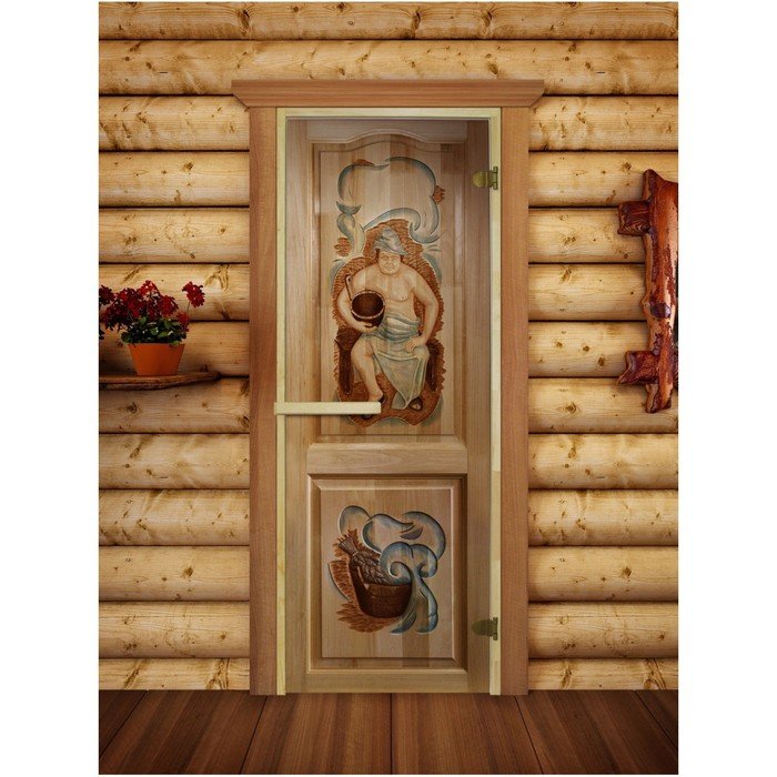 Дверь для бани и сауны, размер коробки 190 × 70 см, стекло 6 мм, 2 петли, фотопечать РБ-02