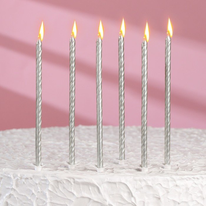 Свечи для торта "Классические" с подставкой, 13 см, 6 шт, серебро