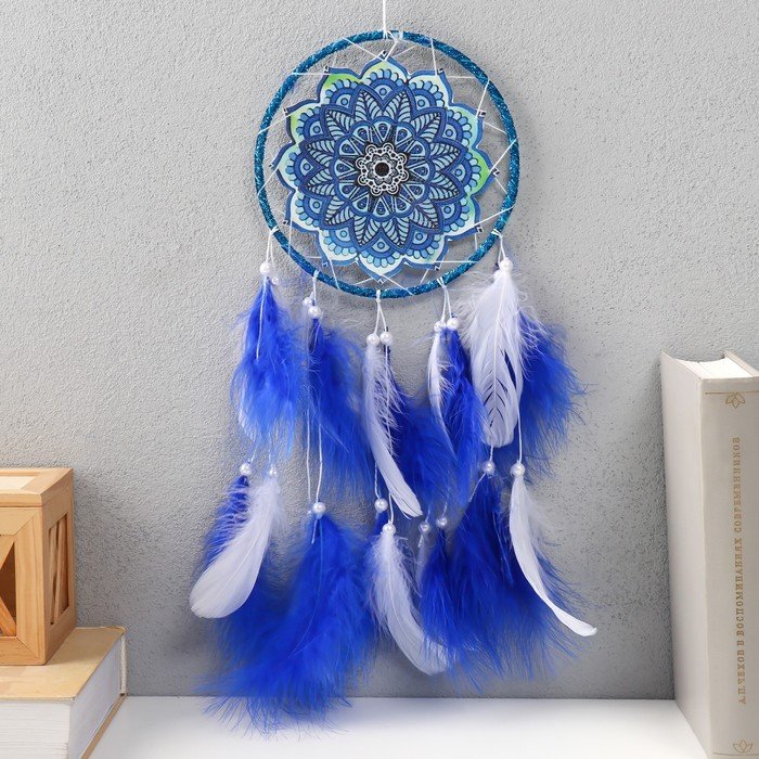 Ловец снов "Мандала с синими перьями" 60х15х0,7 см