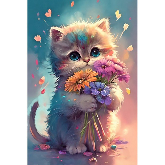Алмазная мозаика «Котенок с цветами» 20 × 30 см, без подрамника