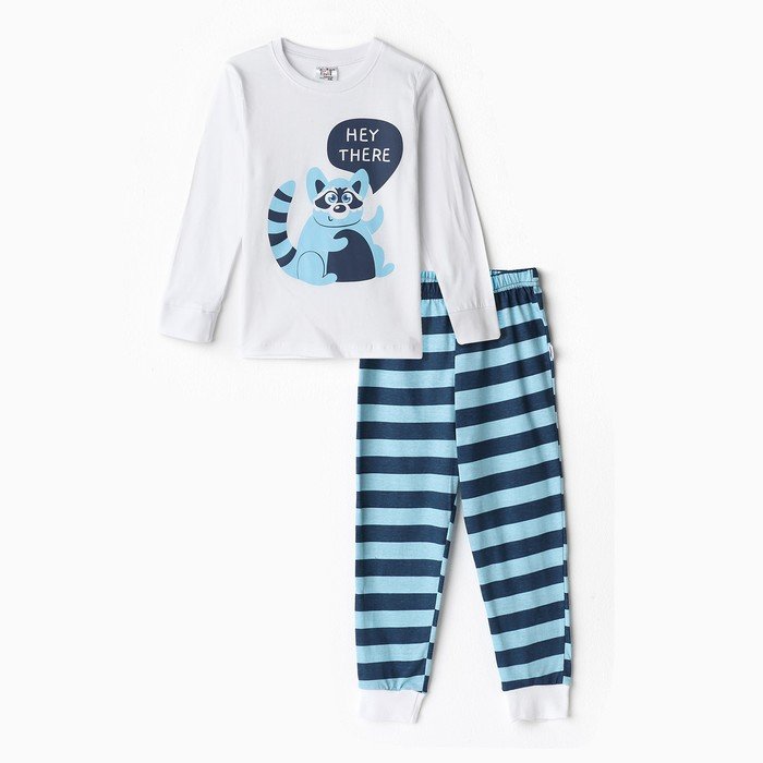 Пижама для мальчика (лонгслив/штанишки), цвет белый/синий/енот, рост 104см