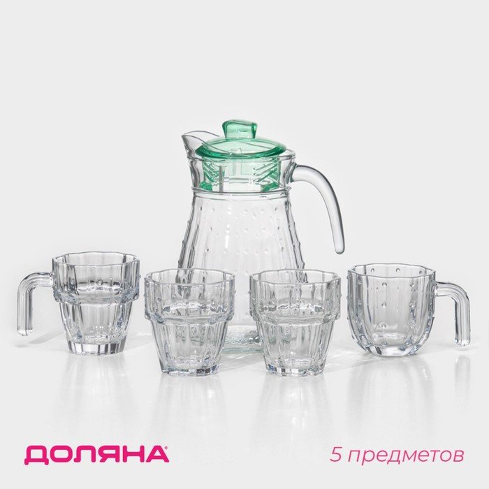 Набор для напитков из стекла Доляна «Аква», 5 предметов: кувшин 1,2 л, 2 кружки 285 мл, 2 стакана 285 мл, цвет прозрачный
