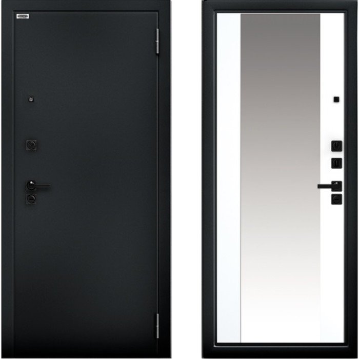Входная дверь «Ультра Вояж Букле», 970×2060 мм, правая, зеркало, чёрный / эмалит арктик