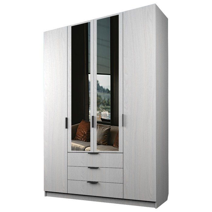 Шкаф 4-х дверный «Экон», 1600×520×2300 мм, 3 ящика, 2 зеркала, цвет ясень анкор светлый