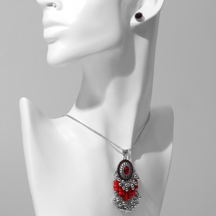 Гарнитур 2 предмета: серьги, кулон "Соло" овал, цвет красный в чернёном серебре, 48см