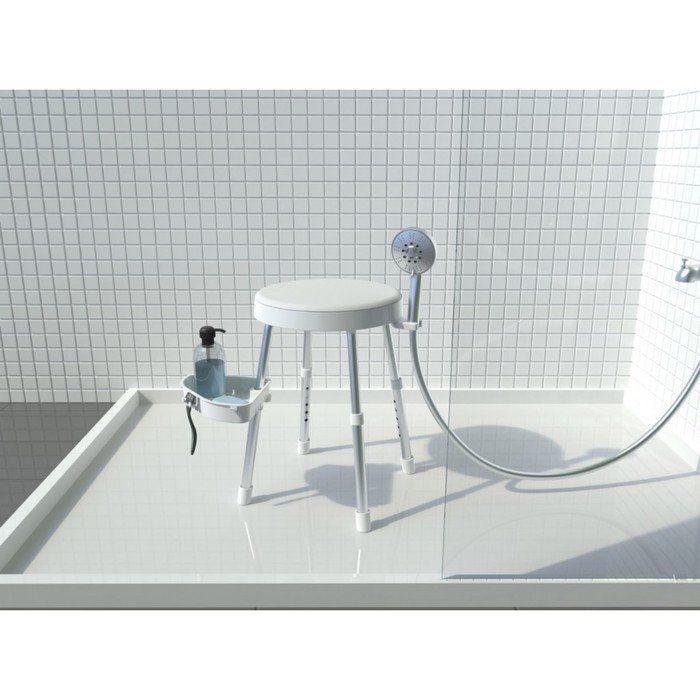 Сиденье Apollo для ванной, с держателем, полочкой, алюминий, пластик, d=36 см, цвет белый