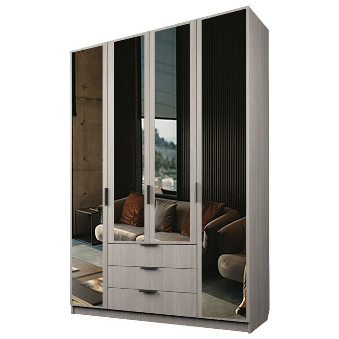 Шкаф 4-х дверный «Экон», 1600×520×2300 мм, 3 ящика, 4 зеркала, цвет ясень шимо светлый