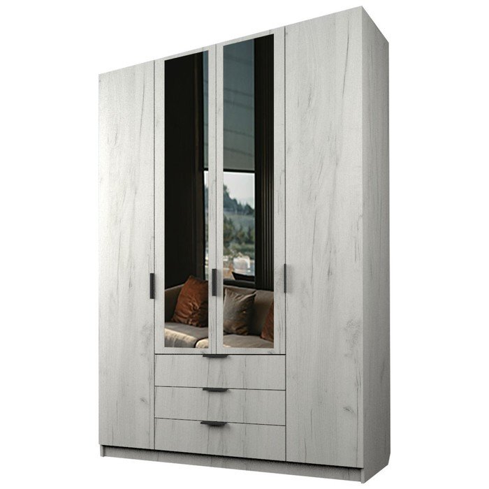 Шкаф 4-х дверный «Экон», 1600×520×2300 мм, 3 ящика, 2 зеркала, цвет дуб крафт белый