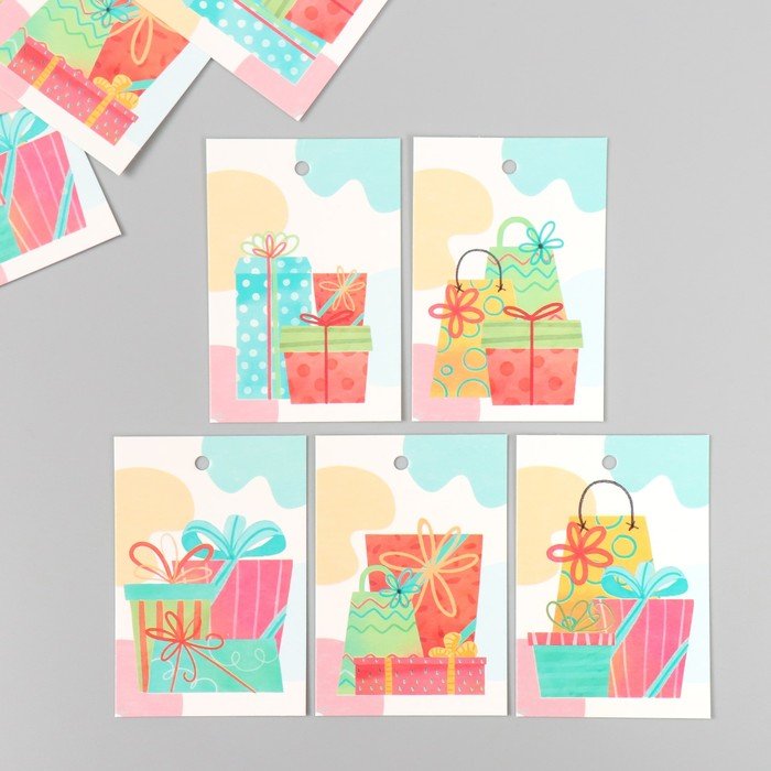 Бирка картон "Подарки. Цветные" набор 10 шт (5 видов) 4х6 см