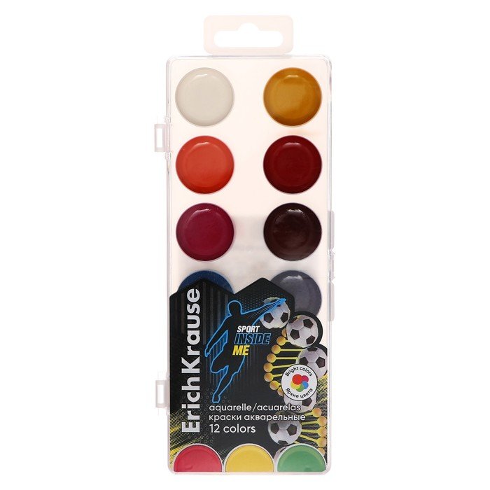 Краски акварельные 12 цветов ErichKrause " Sport DNA", без кисти, в пластиковой коробке с европодвесом