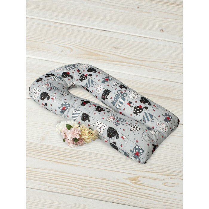 Подушка для беременных  u-образная, размер 35 × 340 см, принт котики, цвет серый