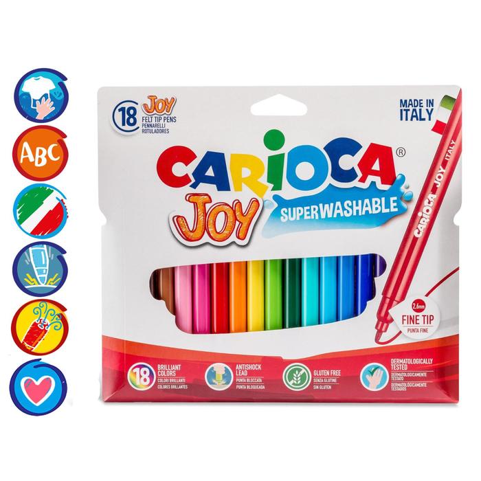 Фломастеры 18 цветов Carioca Joy, 2.6 мм, смываемые, увеличенный ресурс, суперяркие, европодвес