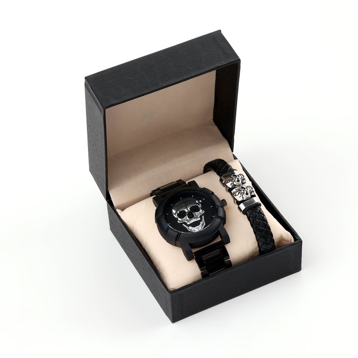 Мужской подарочный набор "Череп" 2 в 1: наручные часы, браслет