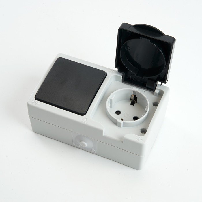 Блок: розетка 1-местная с/з + выключатель 1-клавишный, PST16-11-54/10-111-54, серый/графит