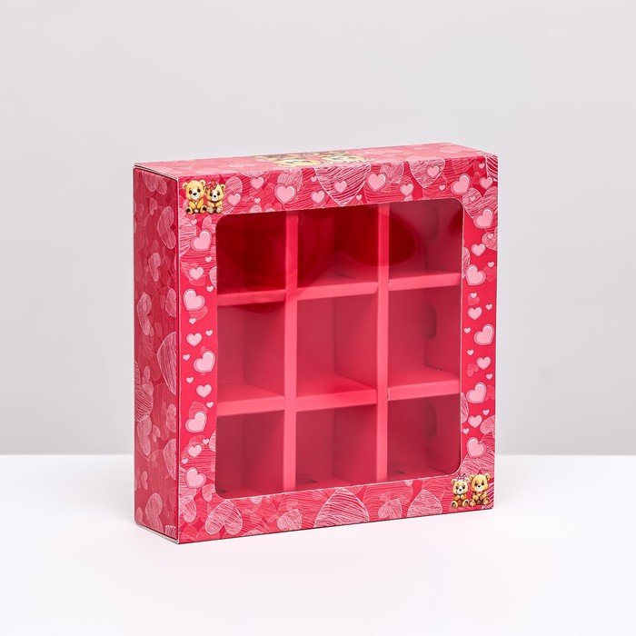 Коробка под 9 конфет с обечайкой, розовая "Мишки" 13,7 х 13,7 х 3,5 см