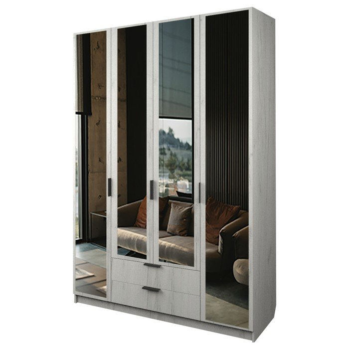 Шкаф 4-х дверный «Экон», 1600×520×2300 мм, 2 ящика, 4 зеркала, цвет дуб крафт белый
