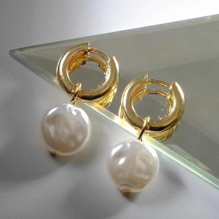 Серьги со съёмным элементом "Трансформер" жемчужный диск, цвет белый в золоте