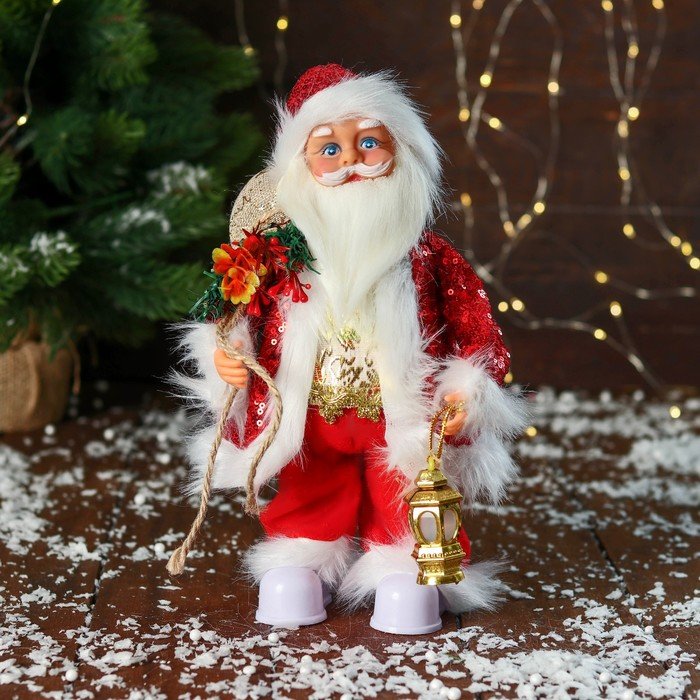 Дед Мороз "В костюме с пайетками, с фонариком" двигается, с подсветкой, 28 см, красный