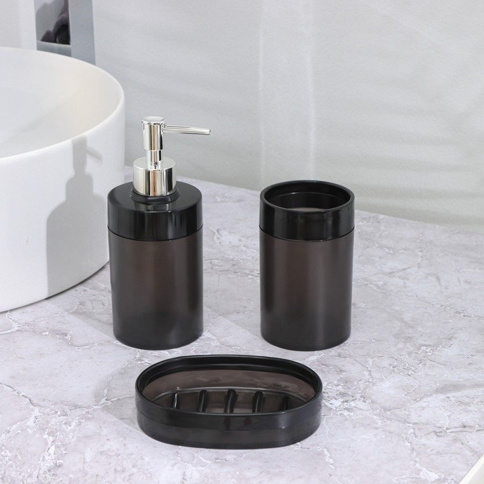 Набор для ванной комнаты 3 предмета: стакан для зубных щёток, дозатор, мыльница, цвет чёрный