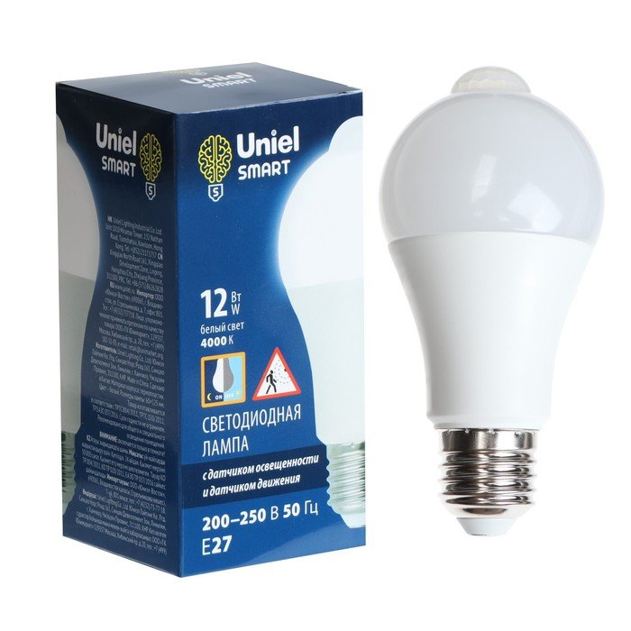 Светодиодная лампа Uniel, LED-A60-12W, 12 Вт, 4000 K, E27, PLS10WH, датчик освщенности, движ