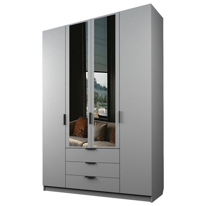 Шкаф 4-х дверный «Экон», 1600×520×2300 мм, 3 ящика, 2 зеркала, цвет серый шагрень