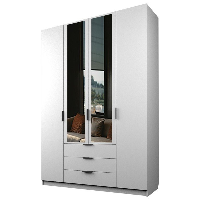 Шкаф 4-х дверный «Экон», 1600×520×2300 мм, 3 ящика, 2 зеркала, цвет белый