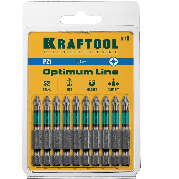 Биты KRAFTOOL Optimum Line 26124-1-50-10, Е 1/4", 50 мм, 10 шт., PZ1