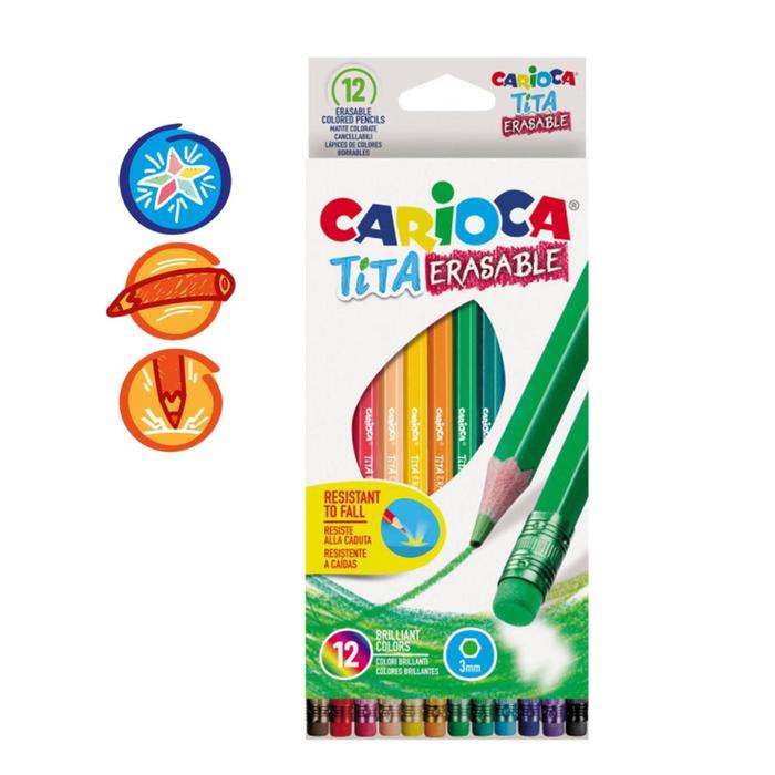 Карандаши 12 цветов Carioca "Tita Erasable", стираемые, яркий грифель 3.0 мм, шестигранные, пластиковые, картон, европодвес
