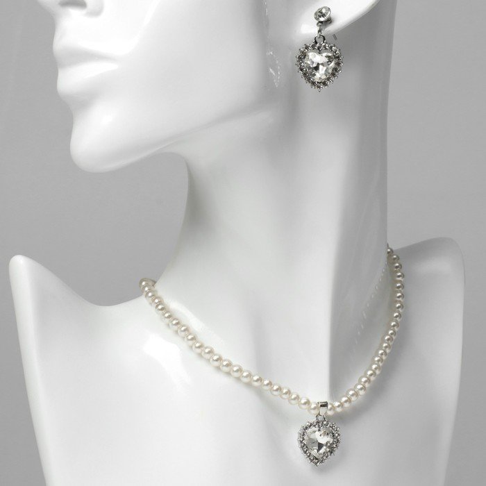 Набор 2 предмета: серьги, колье "Катрин" сердца, цвет белый в серебре, 45 см