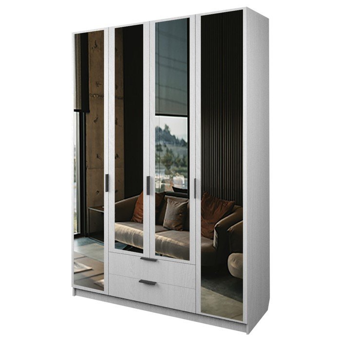 Шкаф 4-х дверный «Экон», 1600×520×2300 мм, 2 ящика, 4 зеркала, цвет ясень анкор светлый