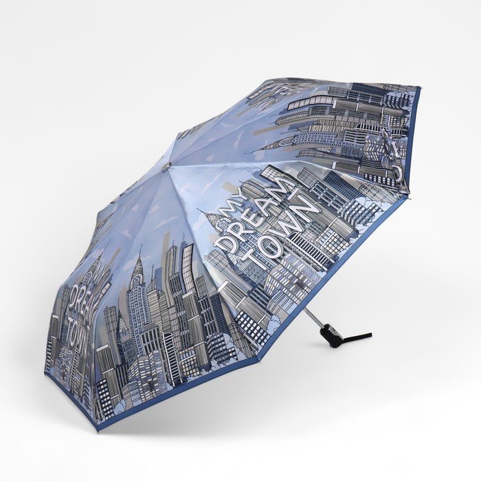 Зонт автоматический «Town», облегчённый, сатин, 3 сложения, 8 спиц, R = 52 см, цвет голубой
