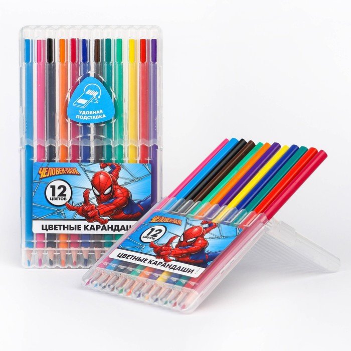 Карандаши цветные 12 цветов в пластиковом пенале с подставкой, "Супер-мен", Человек-паук