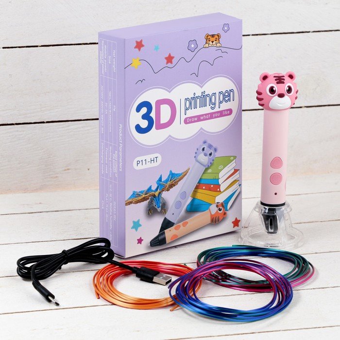 3D ручка Тигрёнок, работа с пластиком PLA, USB кабель питания, розовая