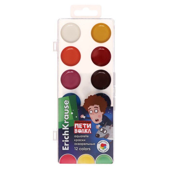 Краски акварельные 12 цветов ErichKrause "Приключения Пети и Волка", без кисти, в пластиковой коробке с европодвесом
