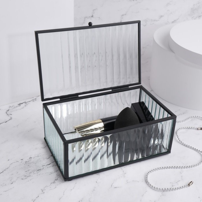 Органайзер для хранения «Ribbed», 1 секция, с крышкой, стеклянный, с зеркальным основанием, 17 × 10,5 см, цвет прозрачный/чёрный