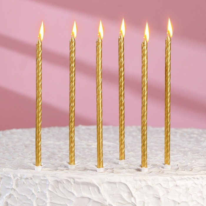 Свечи для торта "Классические" с подставкой, 13 см, 6 шт, золотые