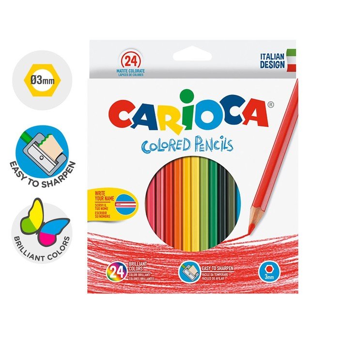 Карандаши 24 цвета Carioca, шестигранные, деревянные, грифель 3 мм, картонная упаковка, точилка в ПОДАРОК