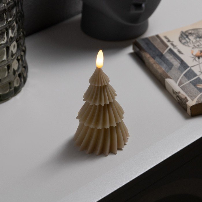 Светодиодная свеча «Ёлка бежевая» 8 × 14.5 × 8 см, воск, батарейка CR2032, свечение тёплое белое