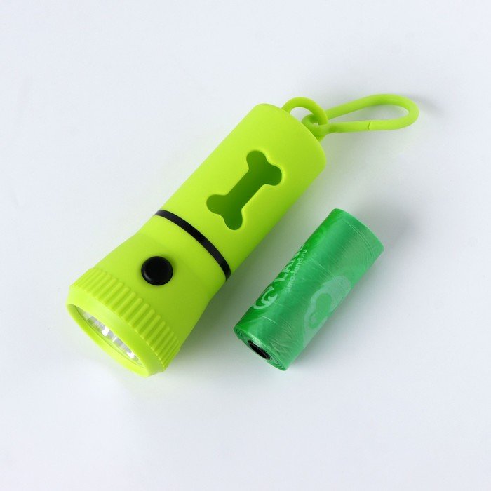 Контейнер с фонариком, пакеты для уборки за собаками (рулон 15 шт), зеленый