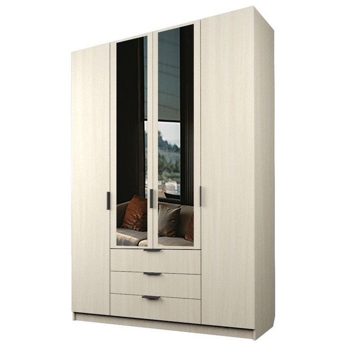 Шкаф 4-х дверный «Экон», 1600×520×2300 мм, 3 ящика, 2 зеркала, цвет дуб молочный