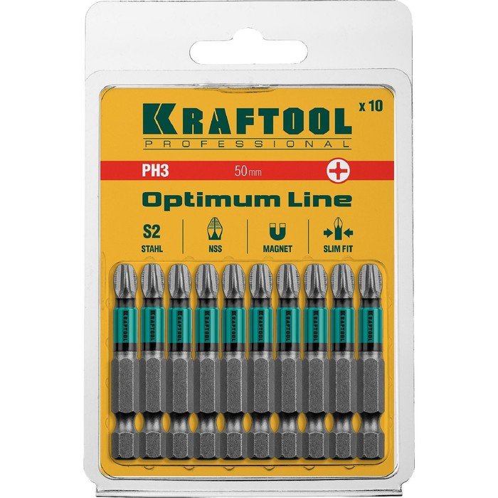Биты KRAFTOOL Optimum Line 26122-3-50-10, Е 1/4", 50 мм, 10 шт., PH3