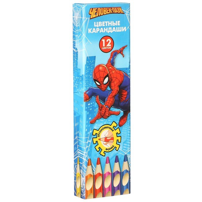 Карандаши цветные в пенале 12 цветов  "Человек-паук", Человек-паук, трёхгранный корпус