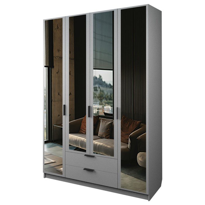 Шкаф 4-х дверный «Экон», 1600×520×2300 мм, 2 ящика, 4 зеркала, цвет серый шагрень