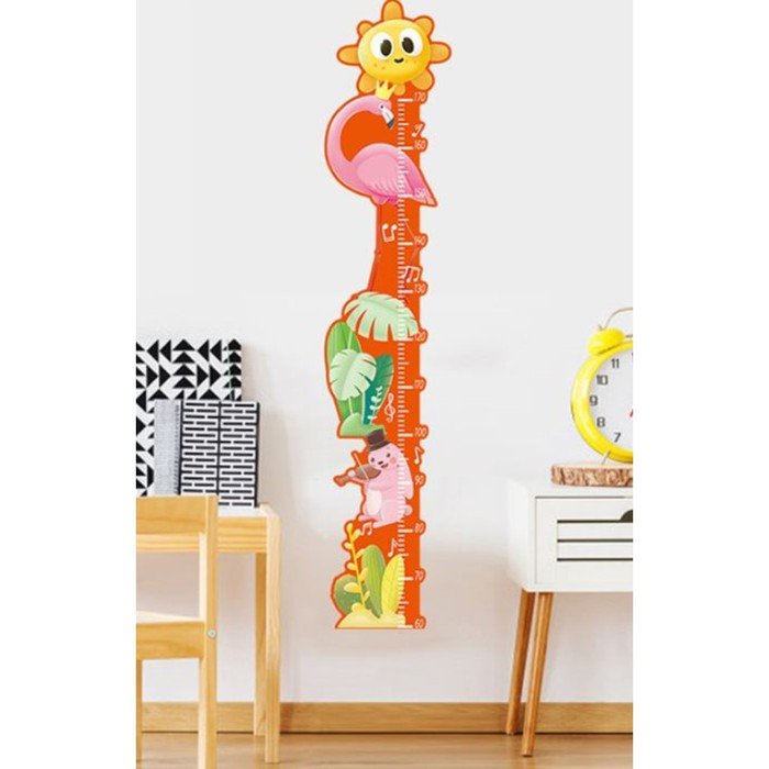 Наклейка пластик интерьерная цветная ростомер "Розовый фламинго и зайчик" 50x70 см
