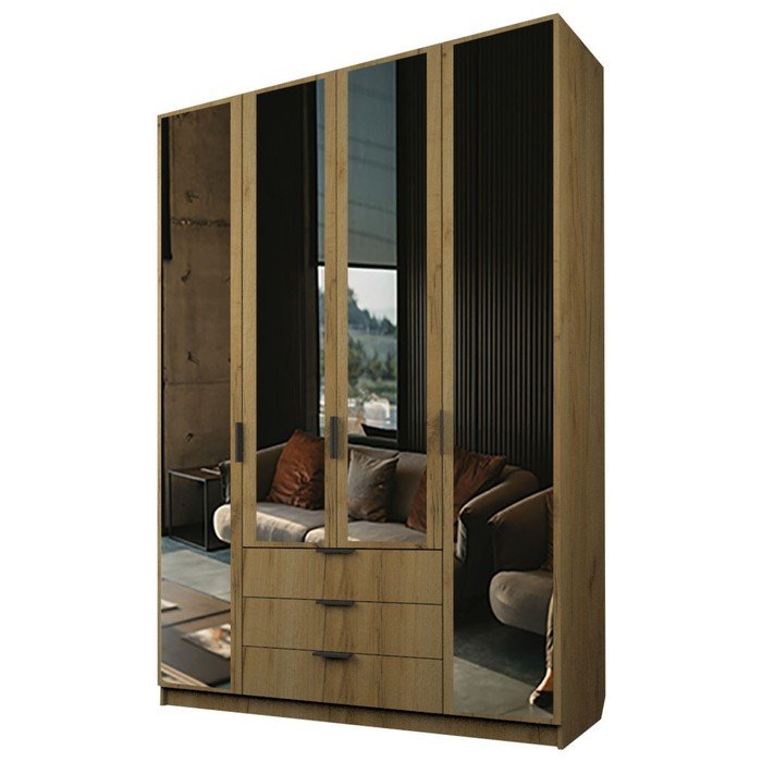 Шкаф 4-х дверный «Экон», 1600×520×2300 мм, 3 ящика, 4 зеркала, цвет дуб крафт золотой