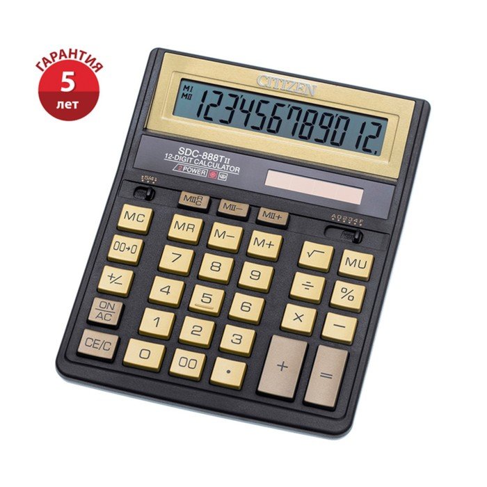 Калькулятор настольный Citizen "SDC-888TIIGE", 12-разрядный, 158 х 203 х 31 мм, двойное питание, чёрный/золото