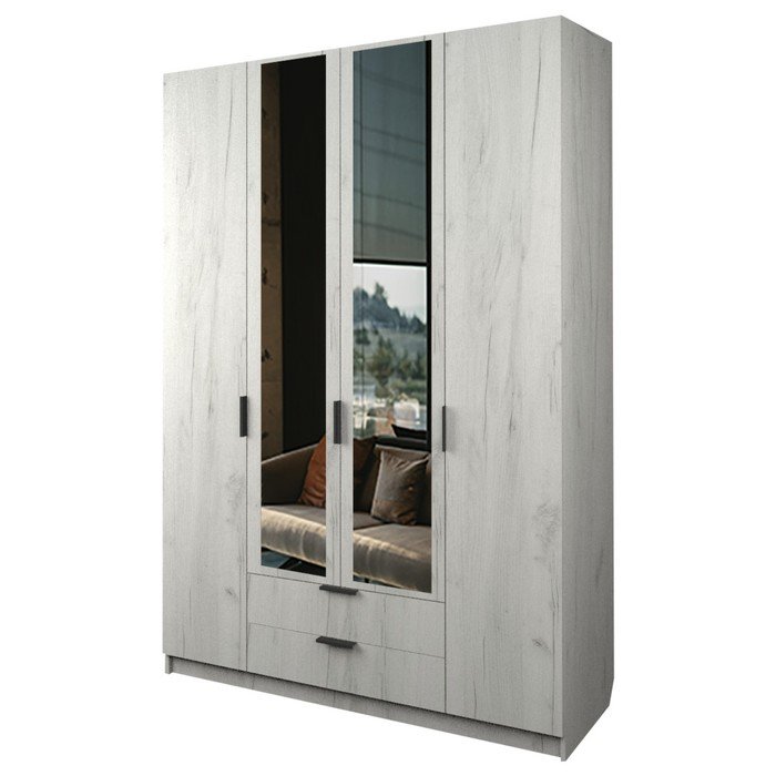 Шкаф 4-х дверный «Экон», 1600×520×2300 мм, 2 ящика, 2 зеркала, цвет дуб крафт белый