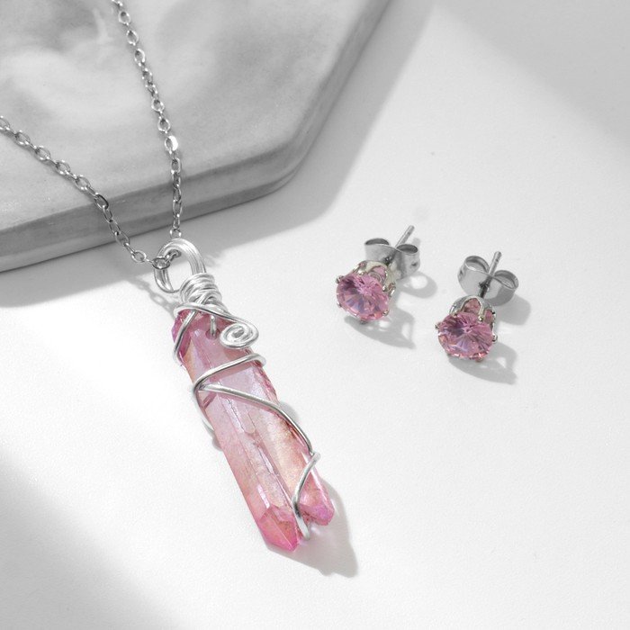 Гарнитур 2 предмета: серьги, кулон "Сверкание", цвет розовый в серебре