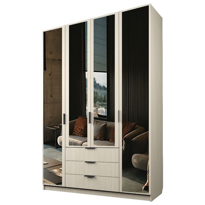 Шкаф 4-х дверный «Экон», 1600×520×2300 мм, 3 ящика, 4 зеркала, цвет дуб молочный