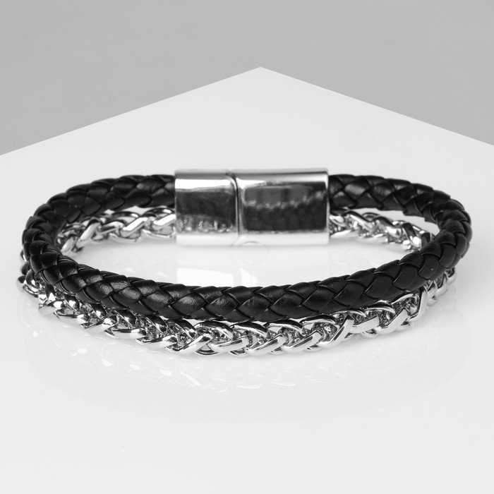Браслет унисекс "Мощь" плетение, цвет чёрный с серебром, 21,5 см
